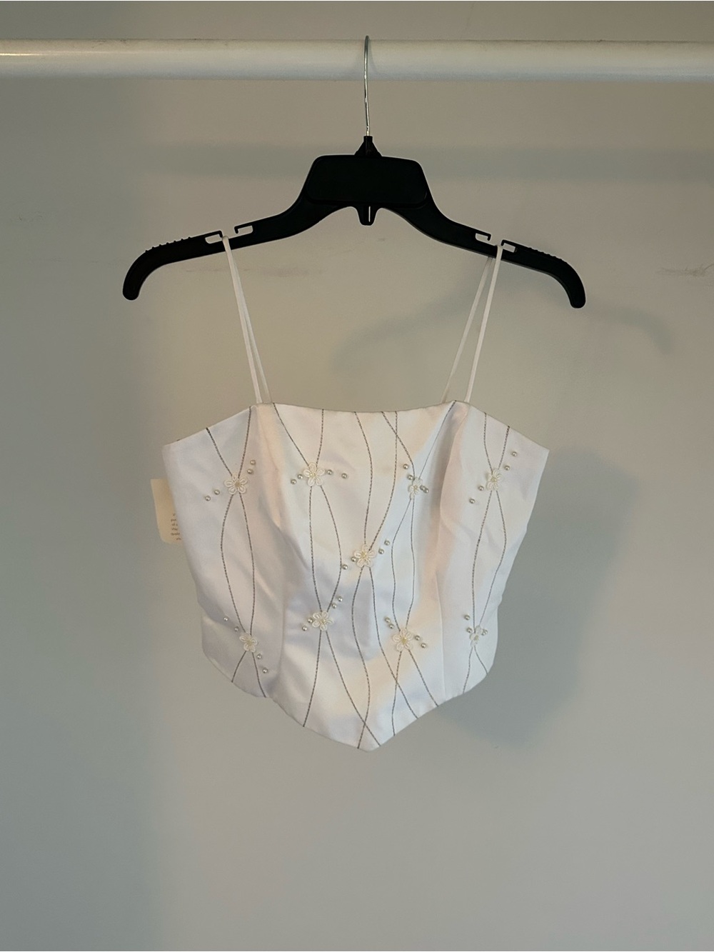 Blondie Nites White Floral Beaded Spaghetti Strap Corset Top